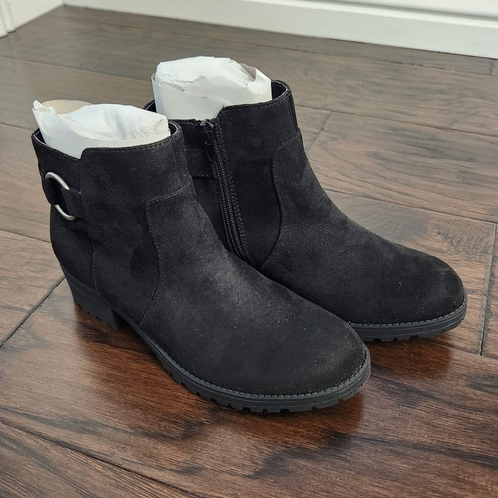 Sugar Suede Black Ankle Booties with Ring Accent